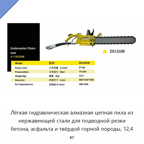 Лёгкая гидравлическая алмазная цепная пила из нержавеющей стали для подводной резки бетона, асфальта и твёрдой горной породы, 12,4 кг