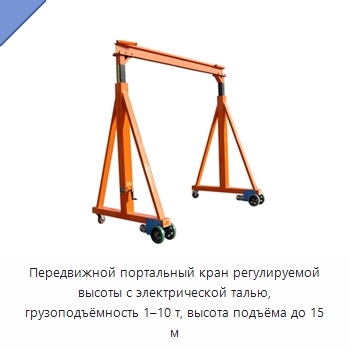 Передвижной портальный кран регулируемой высоты с электрической талью, грузоподъёмность 1–10 т, высота подъёма до 15 м