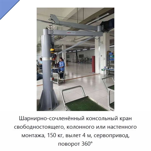 Шарнирно-сочленённый консольный кран свободностоящего, колонного или настенного монтажа, 150 кг, вылет 4 м, сервопривод, поворот 360°