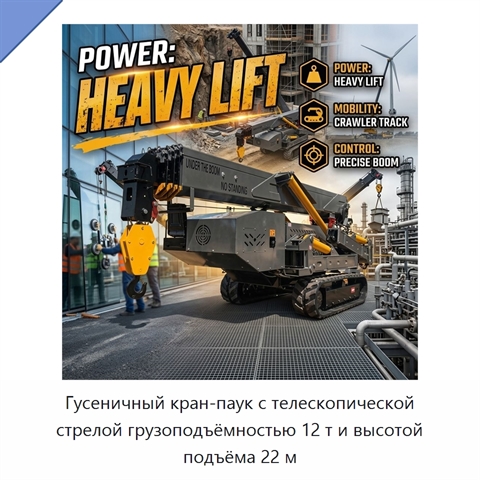 Гусеничный кран-паук с телескопической стрелой грузоподъёмностью 12 т и высотой подъёма 22 м