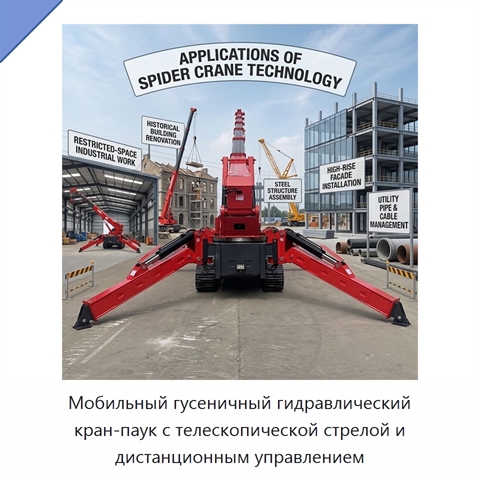 Мобильный гусеничный гидравлический кран-паук с телескопической стрелой и дистанционным управлением