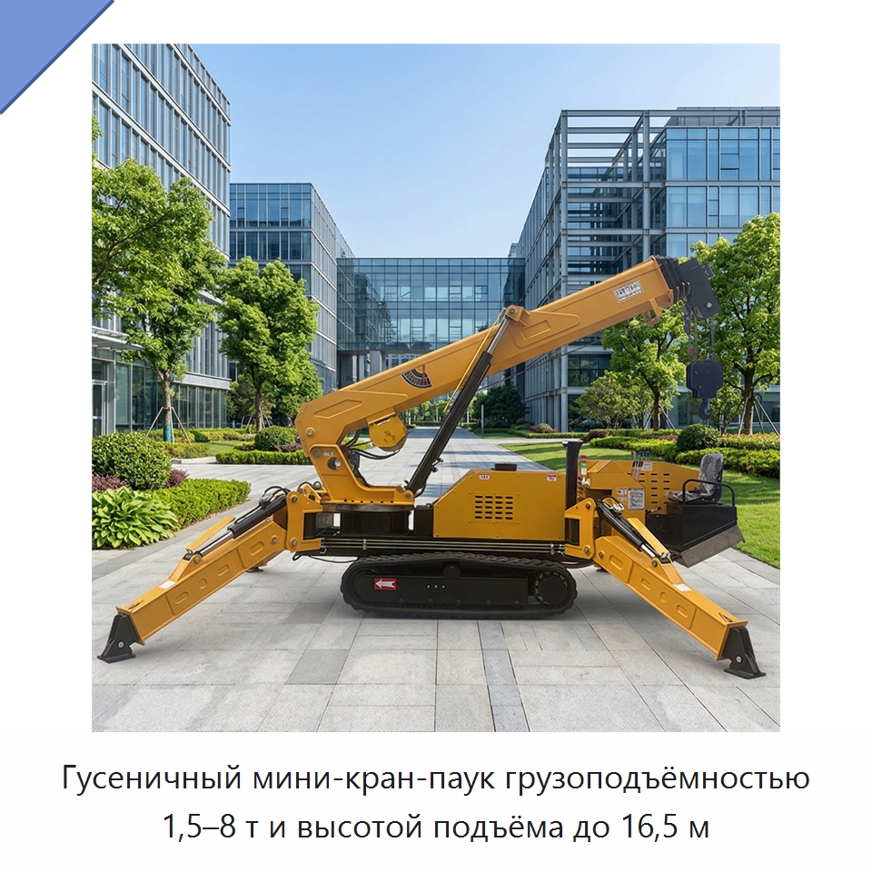 Гусеничный мини-кран-паук грузоподъёмностью 1,5–8 т и высотой подъёма до 16,5 м — Краны