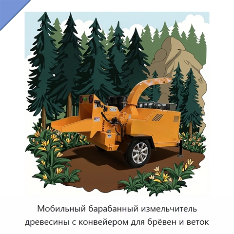 Мобильный барабанный измельчитель древесины с конвейером для брёвен и веток