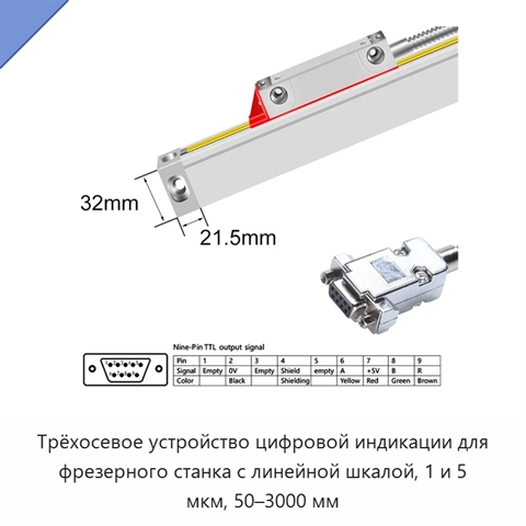 Трёхосевое устройство цифровой индикации для фрезерного станка с линейной шкалой, 1 и 5 мкм, 50–3000 мм