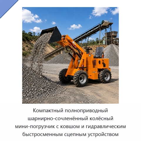 Компактный полноприводный шарнирно-сочленённый колёсный мини-погрузчик с ковшом и гидравлическим быстросменным сцепным устройством