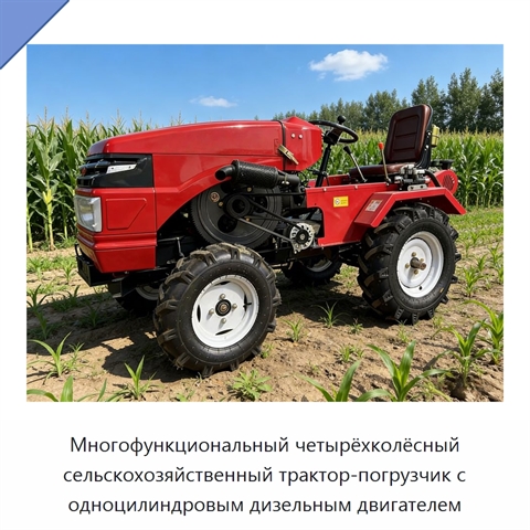 Многофункциональный четырёхколёсный сельскохозяйственный трактор-погрузчик с одноцилиндровым дизельным двигателем