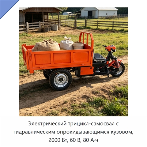 Электрический трицикл-самосвал с гидравлическим опрокидывающимся кузовом, 2000 Вт, 60 В, 80 А·ч