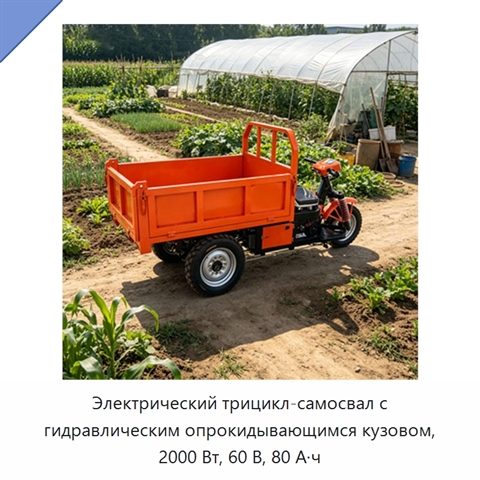 Электрический трицикл-самосвал с гидравлическим опрокидывающимся кузовом, 2000 Вт, 60 В, 80 А·ч