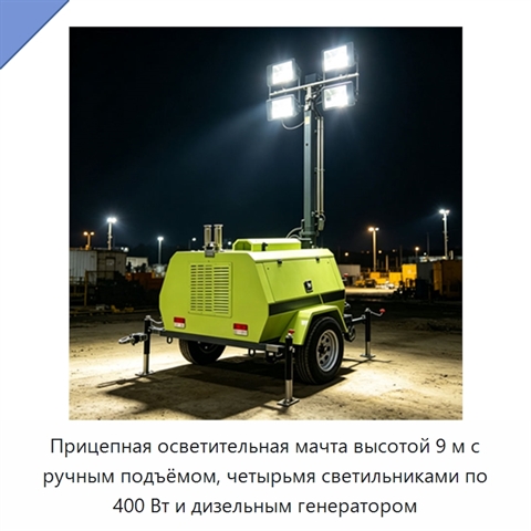 Прицепная осветительная мачта высотой 9 м с ручным подъёмом, четырьмя светильниками по 400 Вт и дизельным генератором