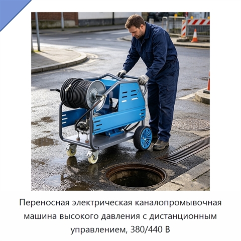 Переносная электрическая каналопромывочная машина высокого давления с дистанционным управлением, 380/440 В
