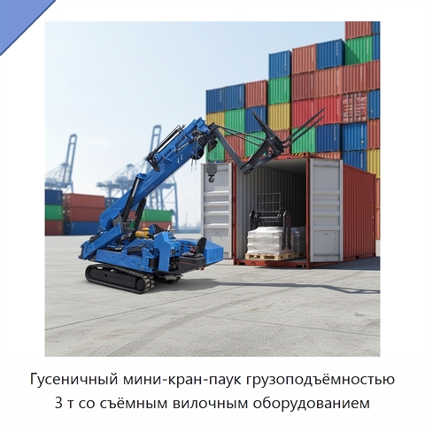Гусеничный мини-кран-паук грузоподъёмностью 3 т со съёмным вилочным оборудованием