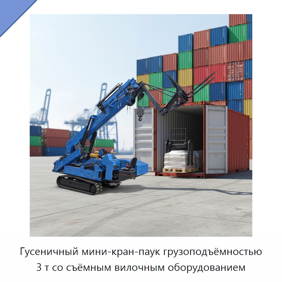 Гусеничный мини-кран-паук грузоподъёмностью 3 т со съёмным вилочным оборудованием — Краны