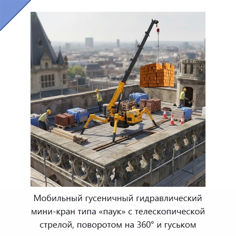 Мобильный гусеничный гидравлический мини-кран типа «паук» с телескопической стрелой, поворотом на 360° и гуськом