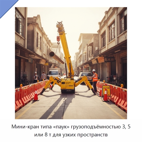 Мини-кран типа «паук» грузоподъёмностью 3, 5 или 8 т для узких пространств
