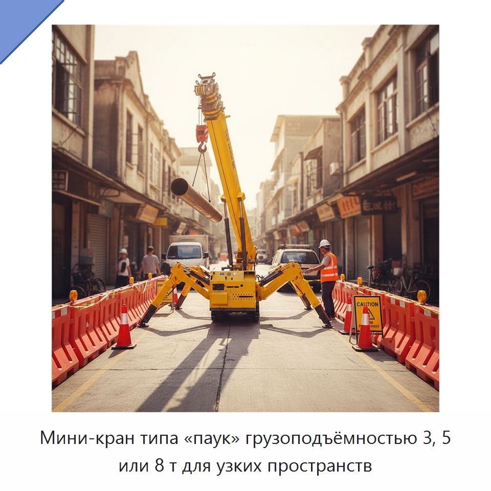 Мини-кран типа «паук» грузоподъёмностью 3, 5 или 8 т для узких пространств — Краны