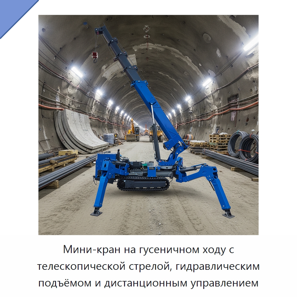 Мини-кран на гусеничном ходу с телескопической стрелой, гидравлическим подъёмом и дистанционным управлением — Краны