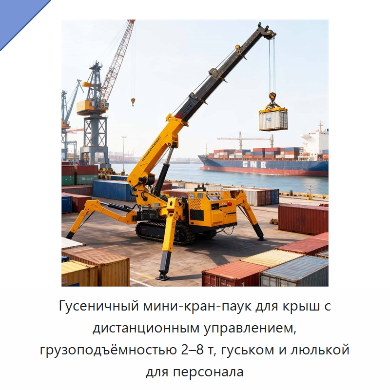 Гусеничный мини-кран-паук для крыш с дистанционным управлением, грузоподъёмностью 2–8 т, гуськом и люлькой для персонала — Краны
