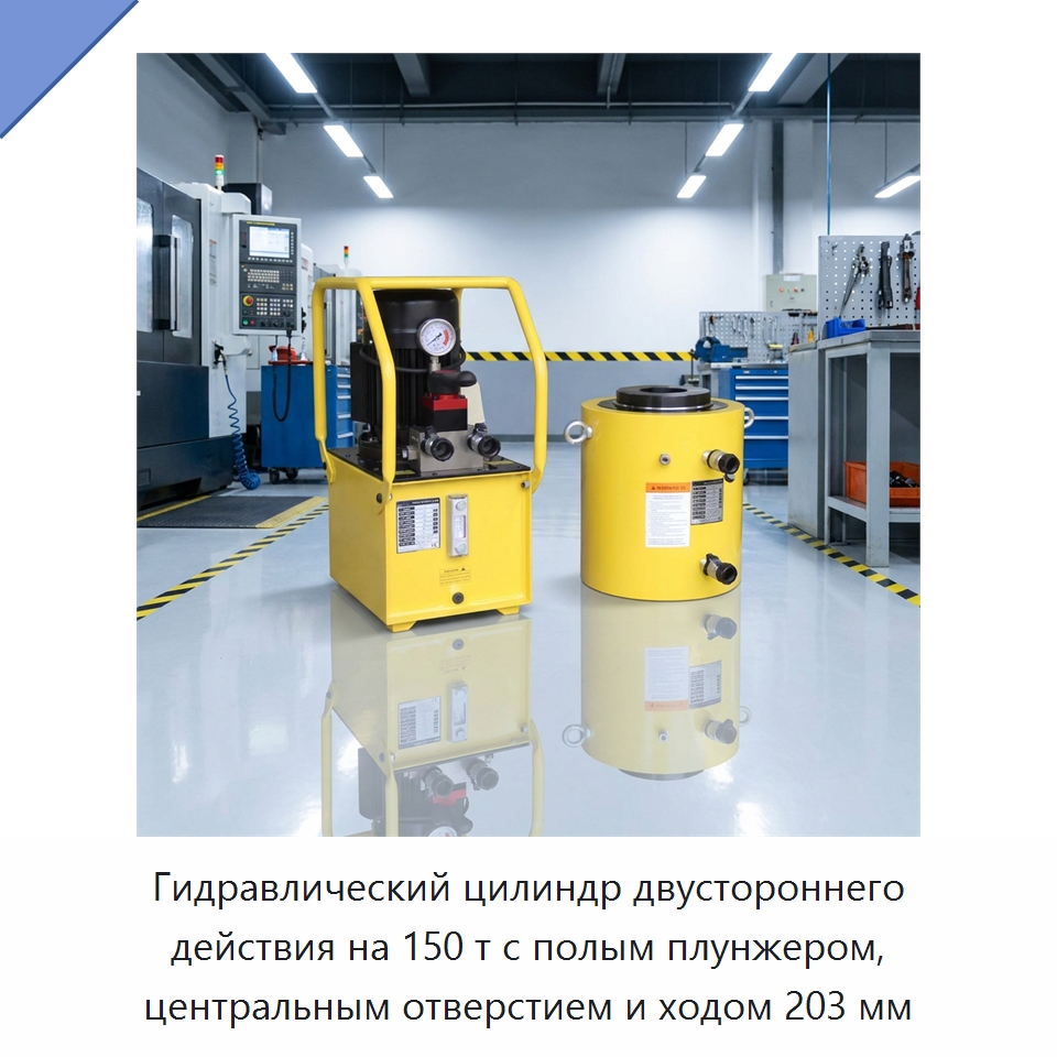 Гидравлический цилиндр двустороннего действия на 150 т с полым плунжером, центральным отверстием и ходом 203 мм — Специальный гидравлический инструмент