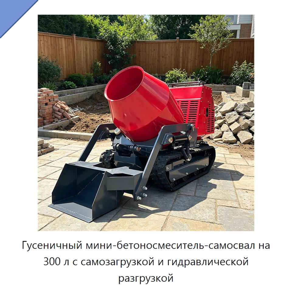 Гусеничный мини-бетоносмеситель-самосвал на 300 л с самозагрузкой и гидравлической разгрузкой — Оборудование для работы с бетоном