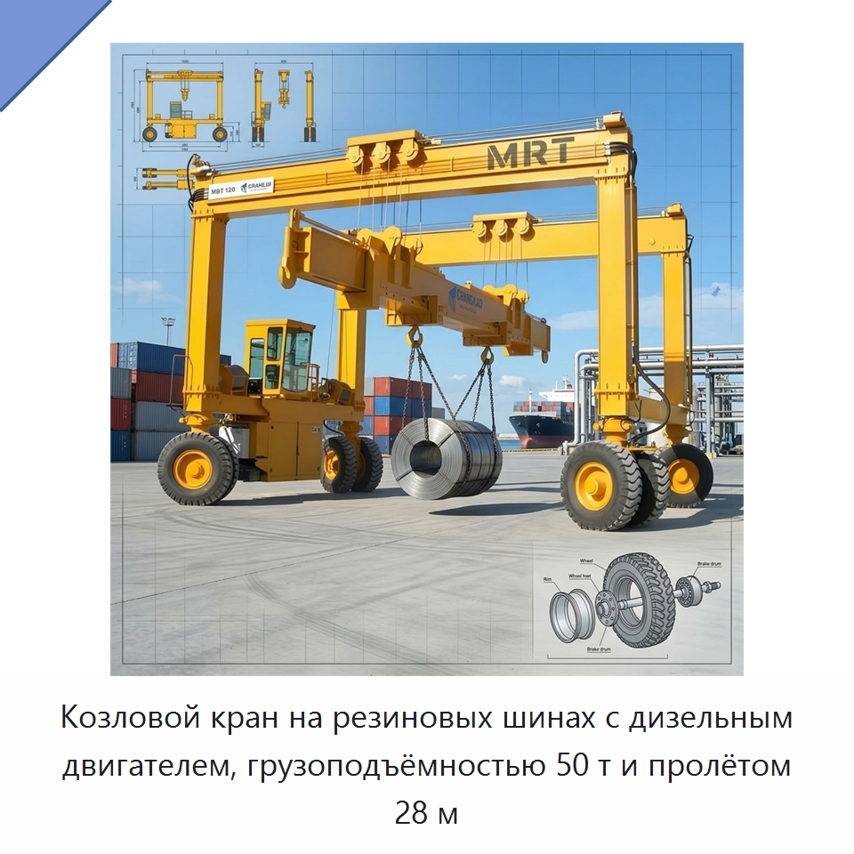 Козловой кран на резиновых шинах с дизельным двигателем, грузоподъёмностью 50 т и пролётом 28 м — Краны
