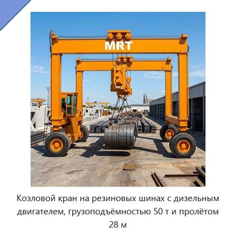 Козловой кран на резиновых шинах с дизельным двигателем, грузоподъёмностью 50 т и пролётом 28 м