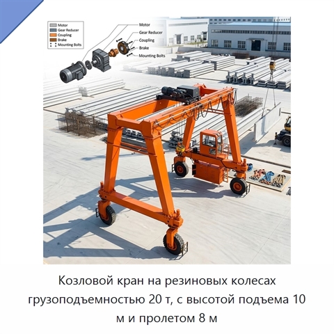 Козловой кран на резиновых колесах грузоподъемностью 20 т, с высотой подъема 10 м и пролетом 8 м