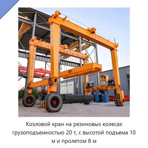 Козловой кран на резиновых колесах грузоподъемностью 20 т, с высотой подъема 10 м и пролетом 8 м