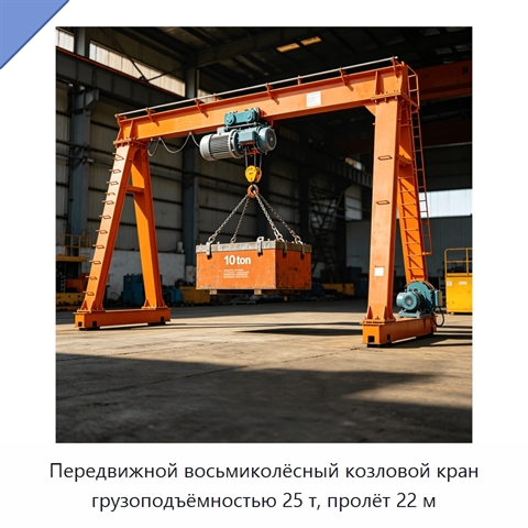 Передвижной восьмиколёсный козловой кран грузоподъёмностью 25 т, пролёт 22 м