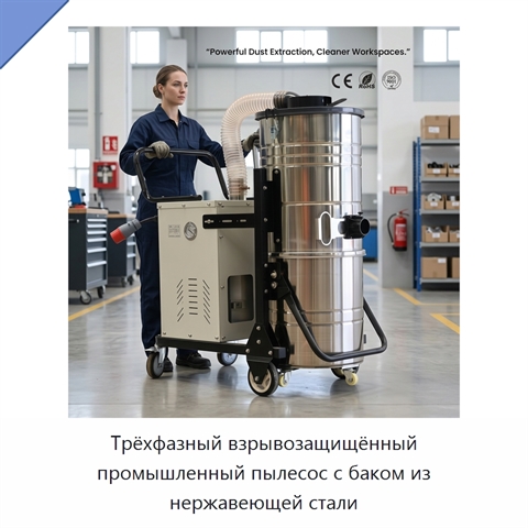 Трёхфазный взрывозащищённый промышленный пылесос с баком из нержавеющей стали