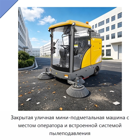 Закрытая уличная мини-подметальная машина с местом оператора и встроенной системой пылеподавления
