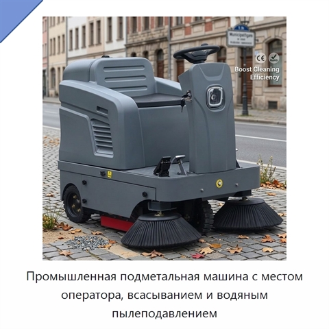 Промышленная подметальная машина с местом оператора, всасыванием и водяным пылеподавлением