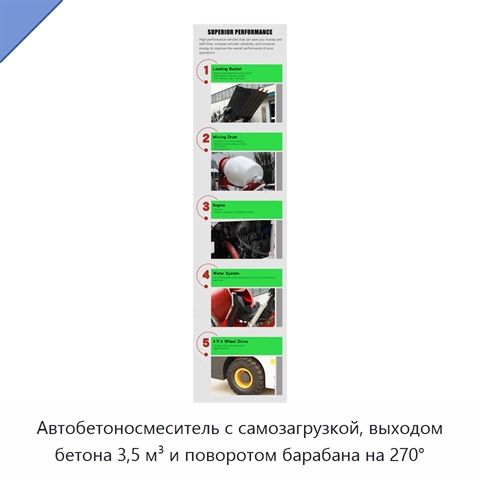 Автобетоносмеситель с самозагрузкой, выходом бетона 3,5 м³ и поворотом барабана на 270°