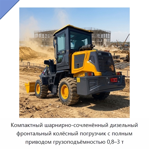Компактный шарнирно-сочленённый дизельный фронтальный колёсный погрузчик с полным приводом грузоподъёмностью 0,8–3 т