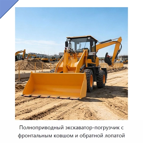 Полноприводный экскаватор-погрузчик с фронтальным ковшом и обратной лопатой