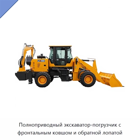 Полноприводный экскаватор-погрузчик с фронтальным ковшом и обратной лопатой