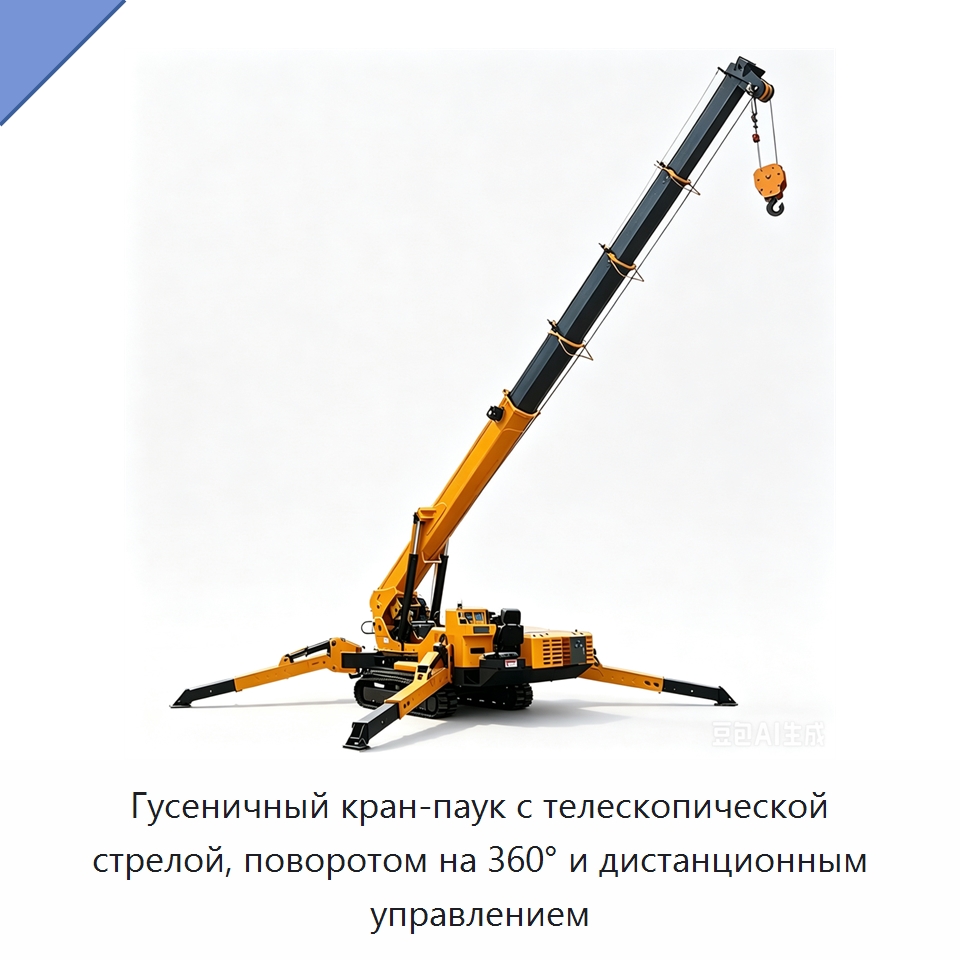 Гусеничный кран-паук с телескопической стрелой, поворотом на 360° и дистанционным управлением — Краны