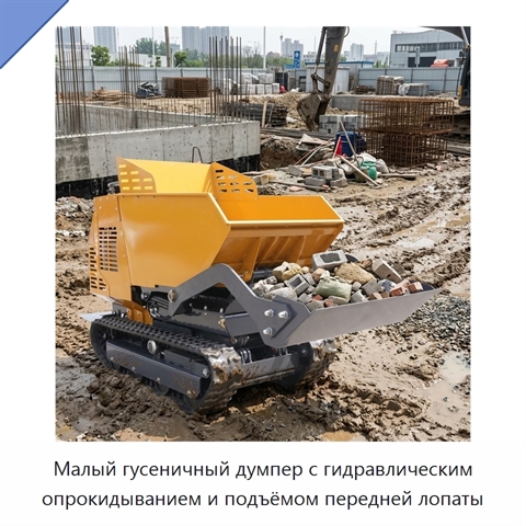 Малый гусеничный думпер с гидравлическим опрокидыванием и подъёмом передней лопаты