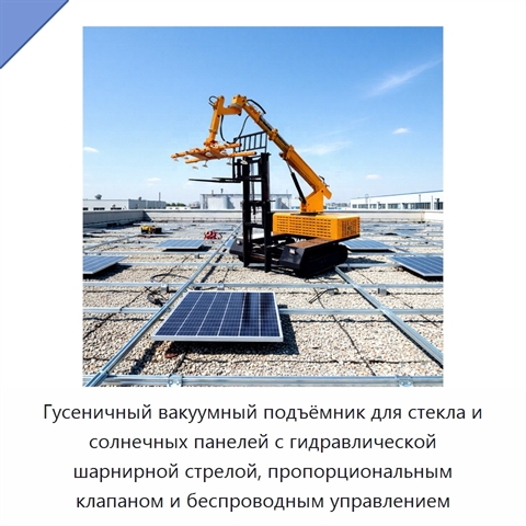 Гусеничный вакуумный подъёмник для стекла и солнечных панелей с гидравлической шарнирной стрелой, пропорциональным клапаном и беспроводным управлением