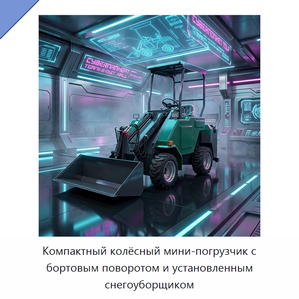Компактный колёсный мини-погрузчик с бортовым поворотом и установленным снегоуборщиком — Землеройная техника