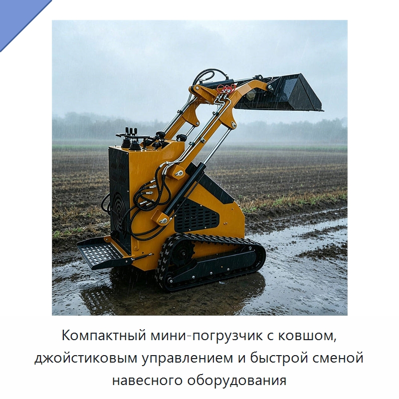Компактный мини-погрузчик с ковшом, джойстиковым управлением и быстрой сменой навесного оборудования — Землеройная техника