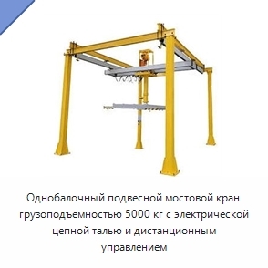 Однобалочный подвесной мостовой кран грузоподъёмностью 5000 кг с электрической цепной талью и дистанционным управлением
