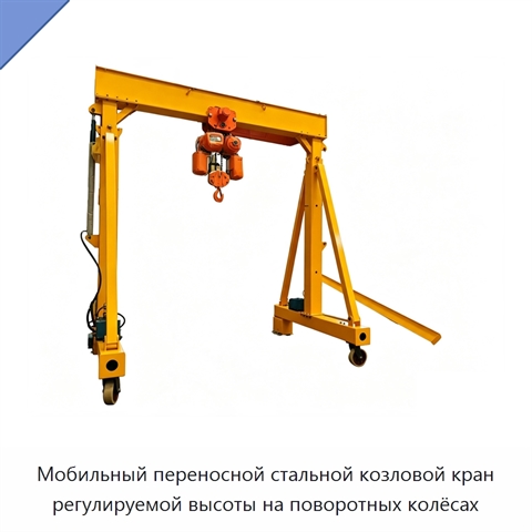 Мобильный переносной стальной козловой кран регулируемой высоты на поворотных колёсах