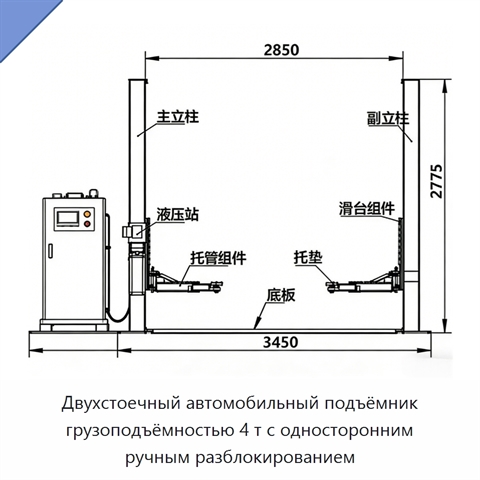 Двухстоечный автомобильный подъёмник грузоподъёмностью 4 т с односторонним ручным разблокированием