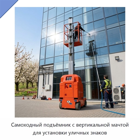 Самоходный подъёмник с вертикальной мачтой для установки уличных знаков