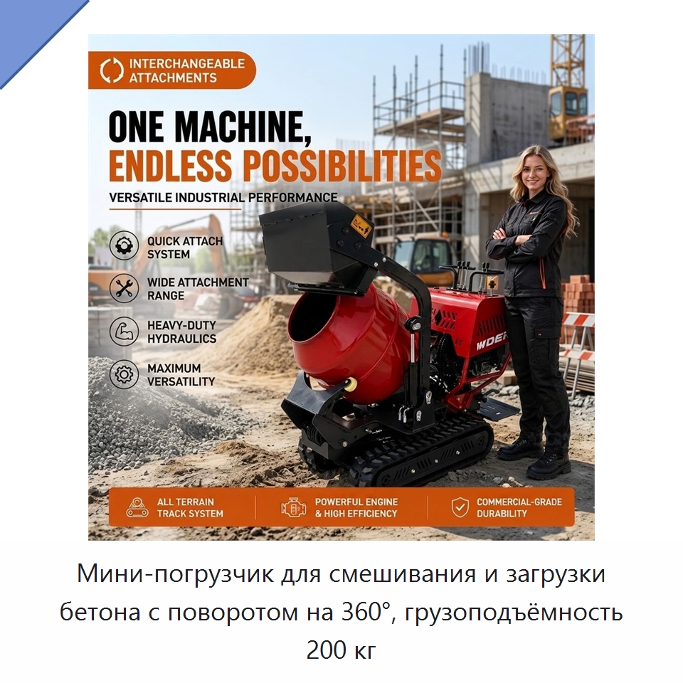 Мини-погрузчик для смешивания и загрузки бетона с поворотом на 360°, грузоподъёмность 200 кг — Оборудование для работы с бетоном