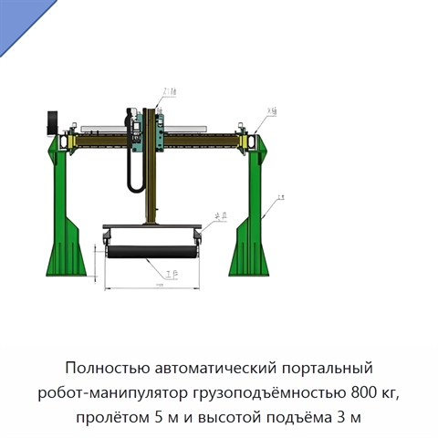 Полностью автоматический портальный робот-манипулятор грузоподъёмностью 800 кг, пролётом 5 м и высотой подъёма 3 м