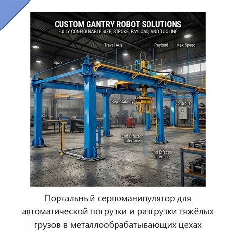 Портальный сервоманипулятор для автоматической погрузки и разгрузки тяжёлых грузов в металлообрабатывающих цехах