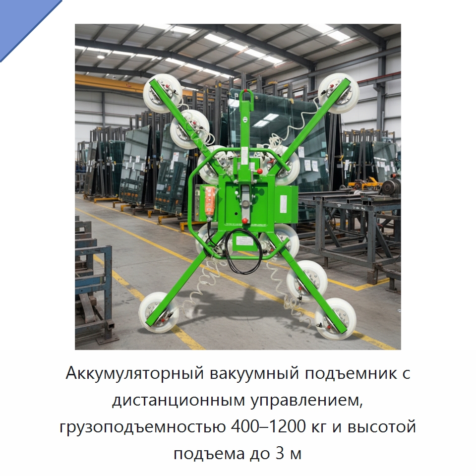 Аккумуляторный вакуумный подъемник с дистанционным управлением, грузоподъемностью 400–1200 кг и высотой подъема до 3 м — Вакуумные грузозахваты