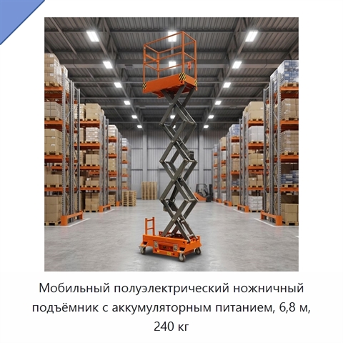 Мобильный полуэлектрический ножничный подъёмник с аккумуляторным питанием, 6,8 м, 240 кг