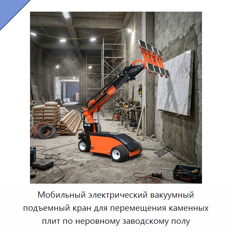 Мобильный электрический вакуумный подъемный кран для перемещения каменных плит по неровному заводскому полу — Вакуумные грузозахваты